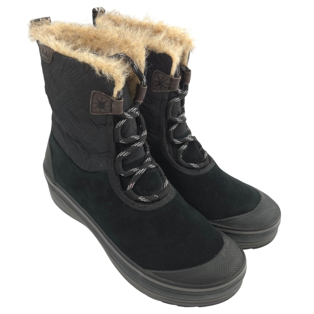 Clarks Muckers Mist Boot Women 7.5 WIDE Black Suede Quilted Faux Fur Winter Shoe